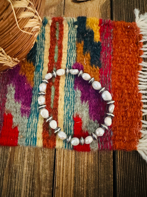 Handcrafted Freshwater Pearl & Sterling Silver Pearl Beaded Stretch Bracelet