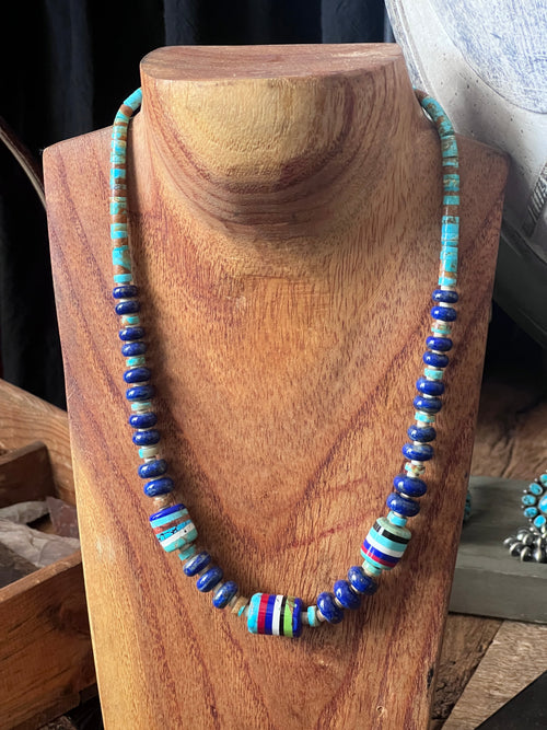 Ronald Chavez Handcrafted  Multistone Beaded Santo Domingo Necklace with Lapis Rondelles