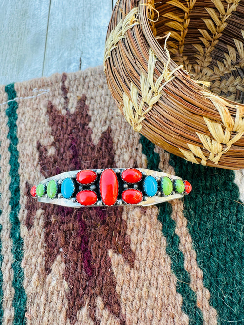 Handcrafted Old Pawn Sterling Silver & Multi Stone Cuff Bracelet by Daniel Mike