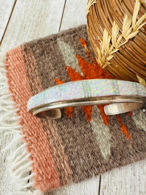 Old Pawn Navajo White Opal & Sterling Silver Inlay Cuff Bracelet