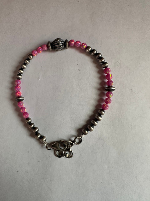 Handmade Sterling Silver,  Pink Fire Opal Beaded Bracelet