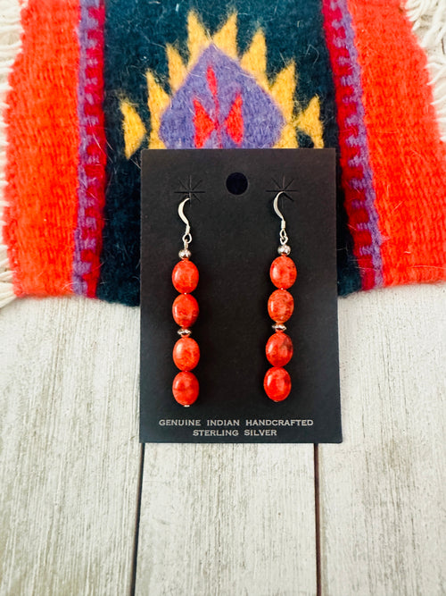 Navajo Sterling Silver Apple Coral Beaded Dangle Earrings