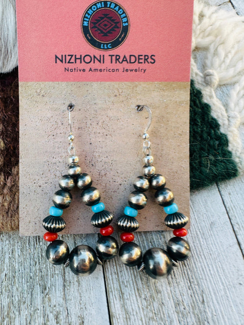 Handcrafted Old Pawn Turquoise, Spiny Oyster & Sterling Silver Beaded Necklace and Earring Set, Signed J