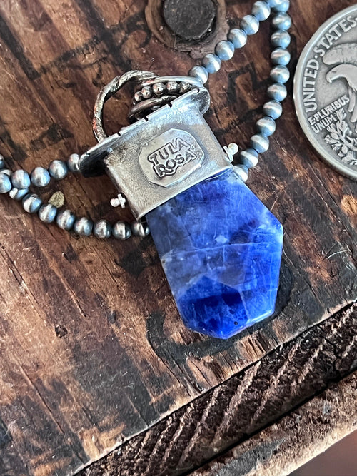 Sterling Silver Gem Collector 30” + 2” Beaded Necklace w/ Sodalite & Daisy Pendant