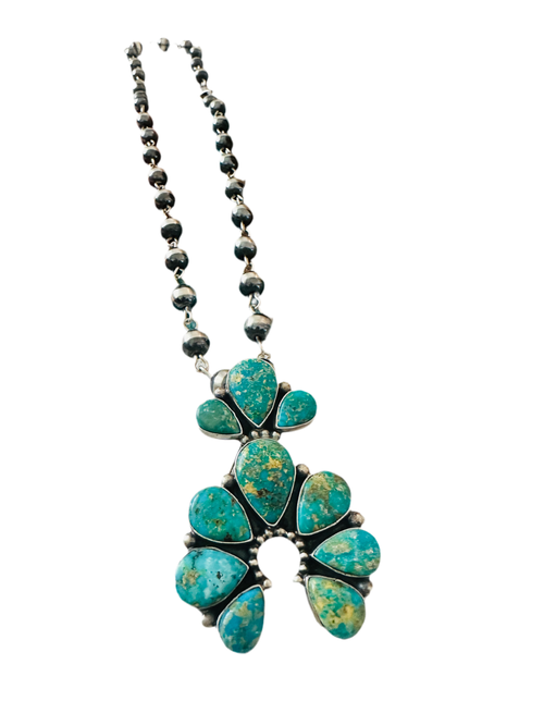 Navajo Sterling Silver & Sonoran Gold Turquoise Beaded Naja Necklace Signed