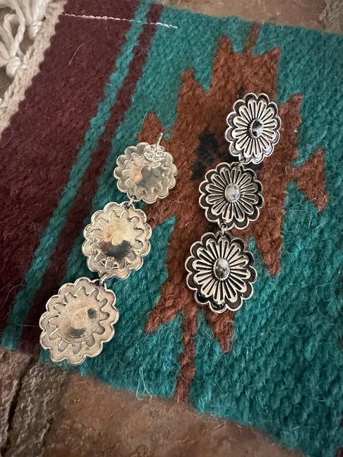 Handmade White Buffalo and Sterling Silver Concho Flower Dangle Earrings