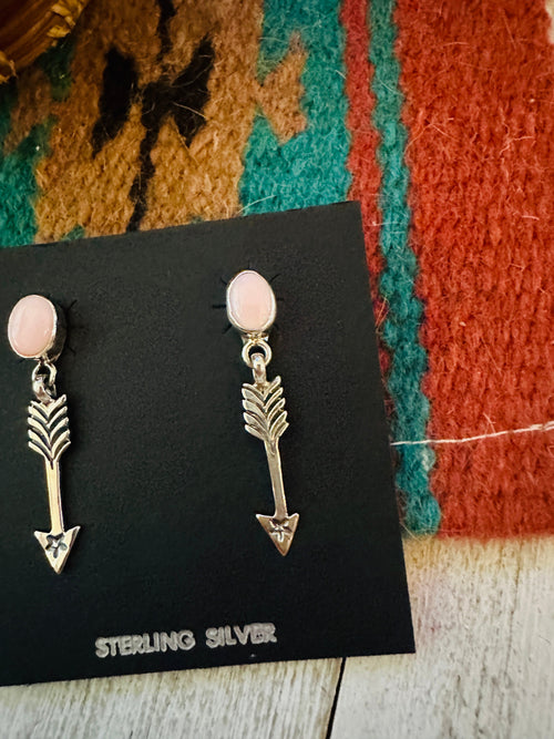 Navajo Queen Pink Conch & Sterling Silver Arrow Dangle Earrings