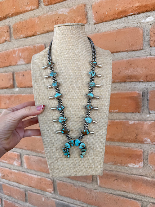 Handmade Sterling Silver & Number 8 Turquoise Squash Blossom Necklace