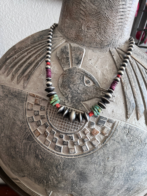 Rose Martin Sterling Silver, Turquoise and Spiny Oyster Single Strand Beaded Necklace, 18 + 1-1/2 inches