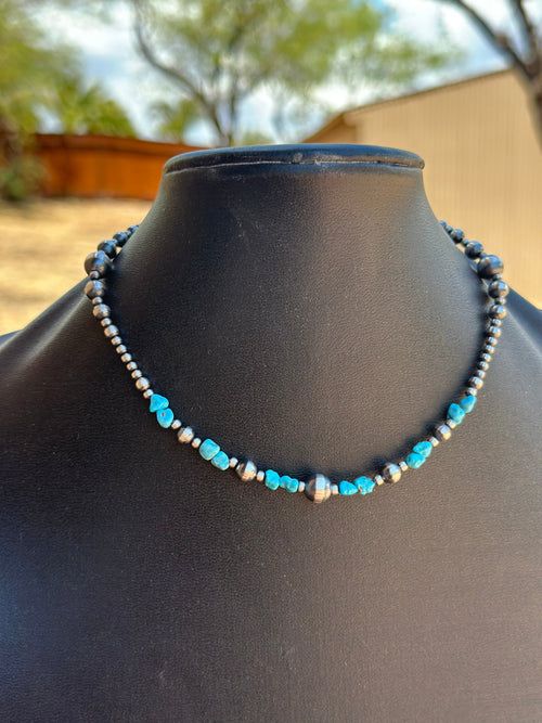 Navajo Kingman Dance Turquoise & Sterling Silver 3mm-8mm Beaded Necklace