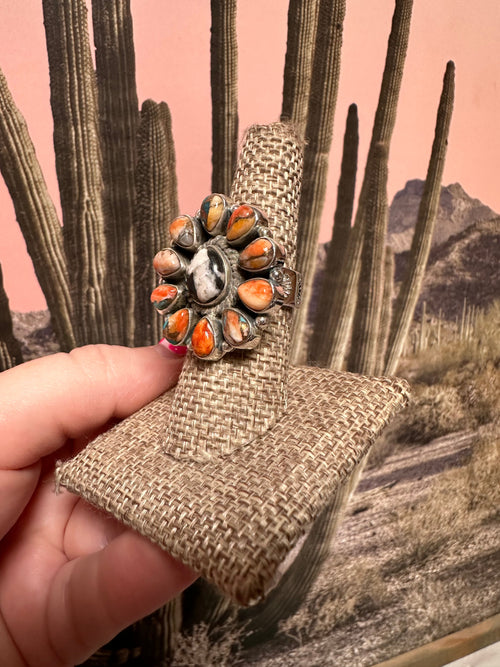 Beautiful Handmade White Buffalo, Spice And Sterling Silver Adjustable Ring