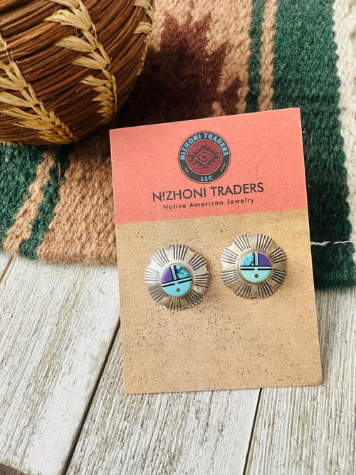 Old Pawn Navajo Sterling Silver & Multi Stone Inlay Sun Face Stud Earrings by Gary Arviso