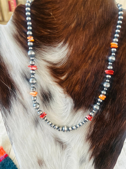 Navajo Sterling Silver & Spiny Oyster Beaded 18” Necklace