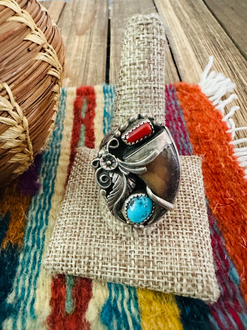 Old Pawn Handcrafted Turquoise, Coral & Sterling Silver Ring Size 11.5