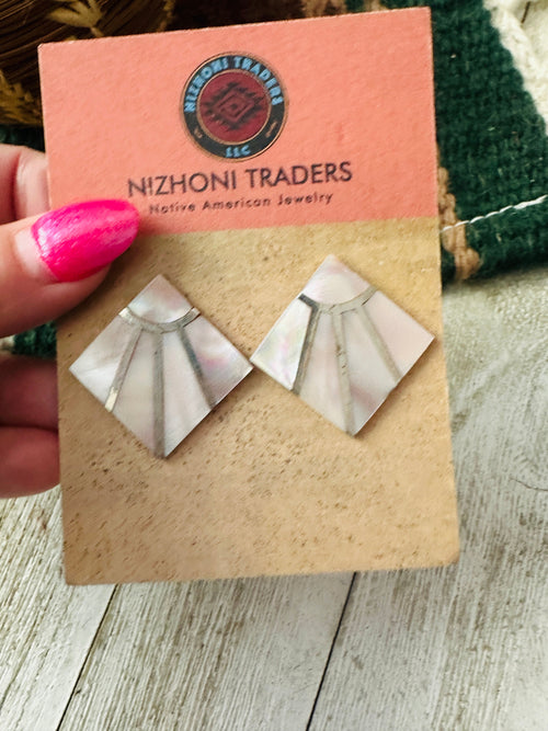 Old Pawn Zuni Mother of Pearl & Sterling Silver Inlay Earrings