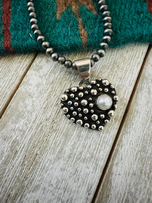 Navajo Freshwater Pearl & Sterling Silver Pearl Beaded Heart Necklace