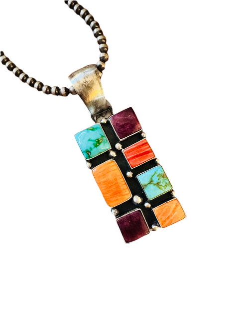Navajo Electric Rainbow Turquoise, Spiny & Sterling Silver Cluster Pendant by Angela Martin
