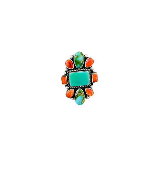 Handcrafted Sterling Silver, Turquoise & Spiny Oyster Ring by Bernyse Chavez and Angela Martin, Size 8