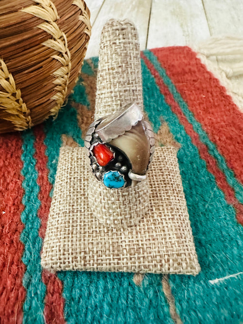 Old Pawn Handcrafted Turquoise, Coral & Sterling Silver Ring Size 9.5