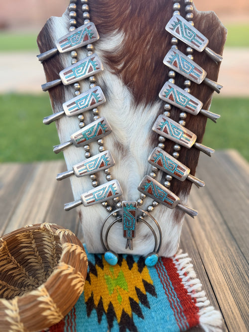 Old Pawn Handcrafted Turquoise, Coral & Sterling Silver Beaded Squash Blossom Necklace by Juan T. Singer