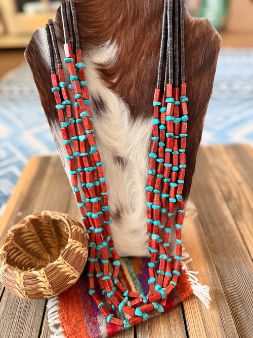 Old Pawn Handcrafted Apple Coral, Turquoise & Heishi Beaded 36” Necklace