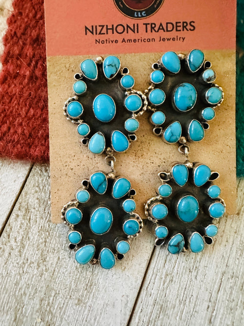 Navajo Sterling Silver & Sleeping Beauty Turquoise Cluster Dangle Earrings by Eula Wylie