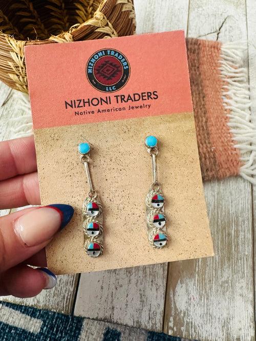 Old Pawn Zuni Multi Stone & Sterling Silver Inlay Sun Face Earrings