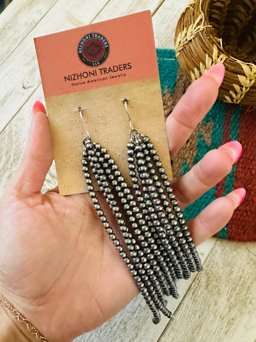 Navajo Sterling Silver Pearl Beaded Tassel Dangle Earrings