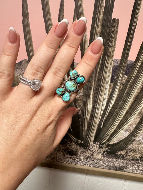 Beautiful Handmade Number 8 Turquoise And Sterling Silver Adjustable 5 Stone Ring