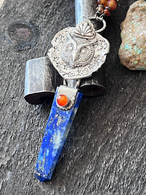 Tularosa Rosary Style Sterling Silver, Lapis Lazuli and Carnelian Ancient Owl Talisman Necklace