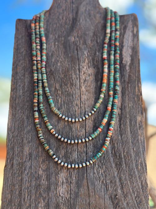 Navajo Kingman Turquoise & Spiny Sterling Silver 5mm Beaded Necklace