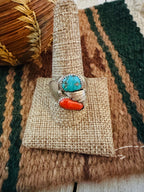 Old Pawn Handcrafted Turquoise, Coral & Sterling Silver Ring Size 11.75
