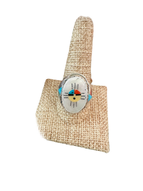 Old Pawn Zuni Sterling Silver & Multi Stone Inlay Sun Face Ring Size 11