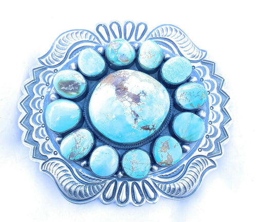 Stunning Vintage Navajo Number 8 Turquoise & Sterling Silver Belt Buckle Signed