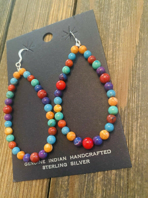 Navajo Sterling Silver Multi Stone Beaded Dangle Earrings