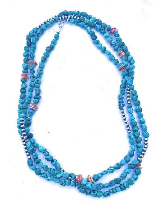 Navajo Turquoise, Spiny & Sterling Silver Beaded 60 Inch Necklace