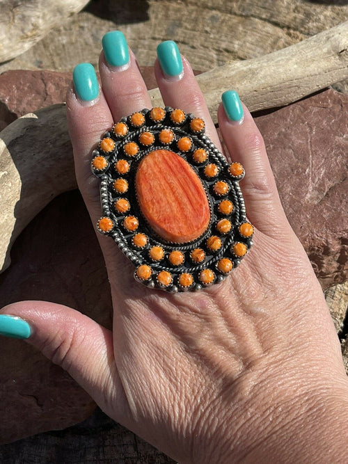 Navajo Sterling Silver Orange Spiny Cluster Jumbo Ring Sz 9