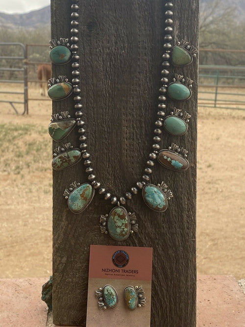 Stunning Handcrafted Sterling Silver Royston Turquoise Beaded Necklace & Earring Set by Bobby Johnson