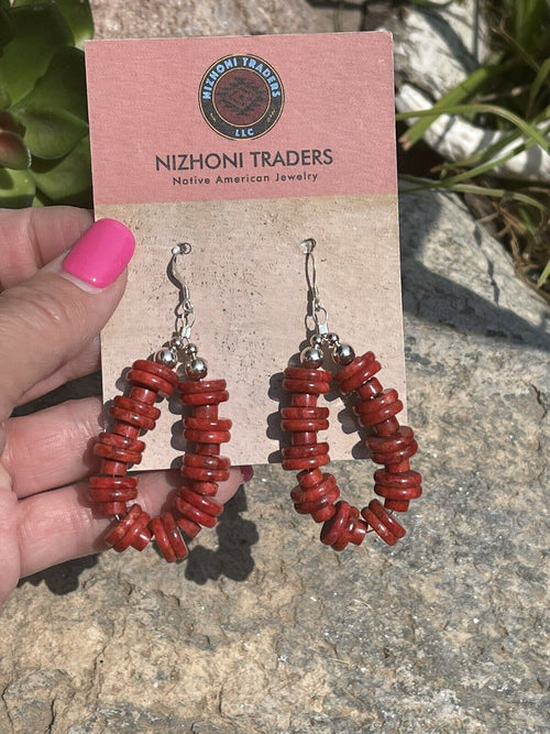 Navajo Sterling Silver Double Bead Apple Coral Dangle Hoop Earrings