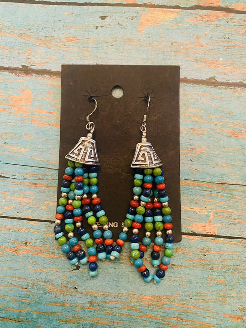 Navajo Sterling Silver Multi Stone Beaded Dangle Tassel Earrings