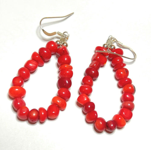 Navajo Sterling Silver Bead Apple Coral Dangle 2 Inch Long Hoop Earrings