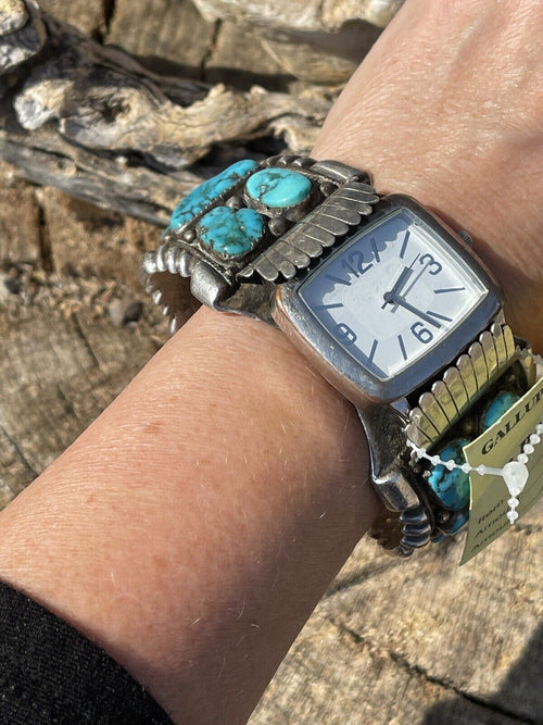 Vintage Handcrafted Sterling Silver & Kingman Turquoise Non Working Watch Bracelet