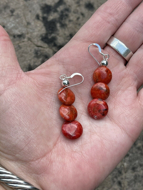 Navajo Sterling Silver Apple Coral 3 Bead Dangle Earrings