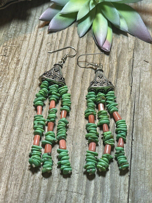 Navajo Sterling Dyed Green Kingman Turquoise and Pink Coral Bead Earrings