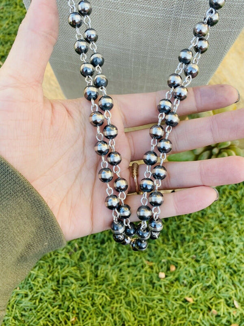 Navajo Sterling Silver Navajo Pearl Beaded Necklace 60 Inch