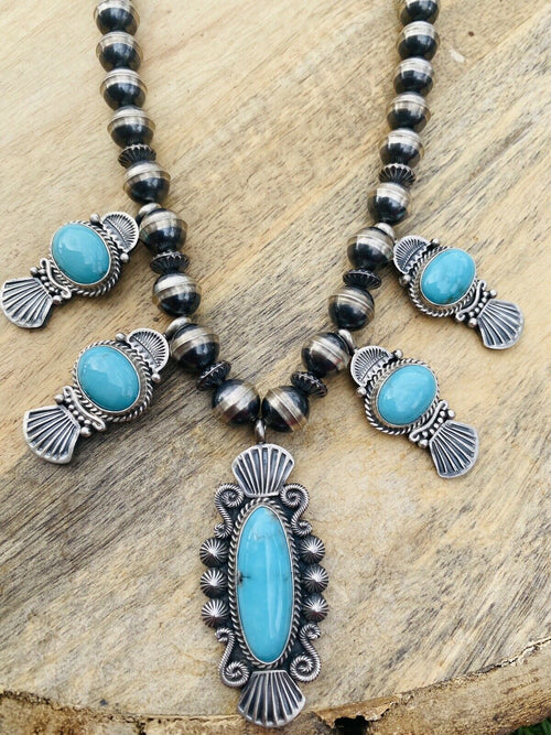 Navajo Turquoise & Sterling Silver Beaded Necklace Signed