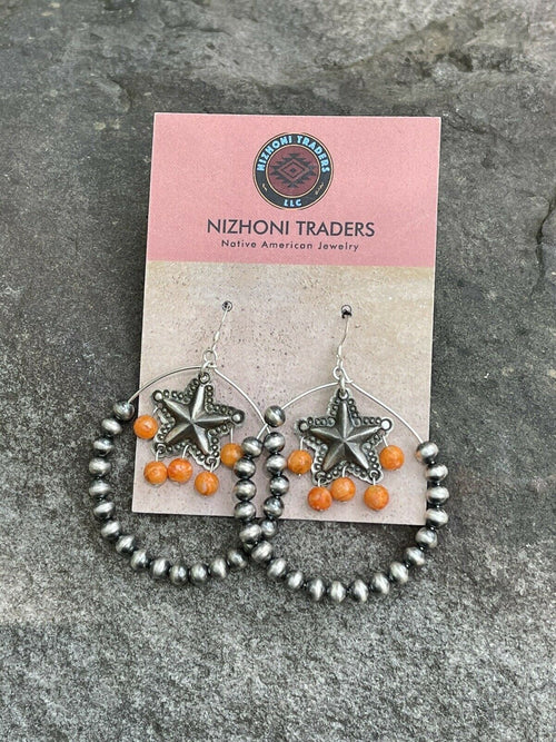 Navajo Sterling Silver Bead Orange Spiny Texas Hoop Earrings