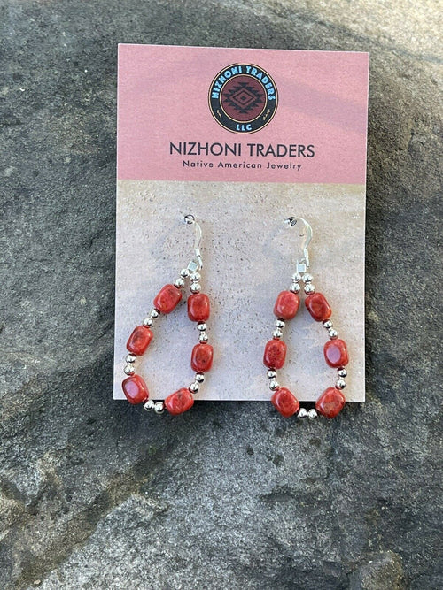 Navajo Sterling Silver Apple Coral Loop Beaded Dangle Earrings