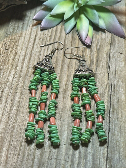 Navajo Sterling Dyed Green Kingman Turquoise and Pink Coral Bead Earrings