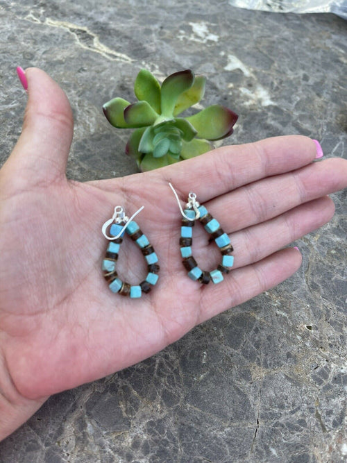 Navajo Turquoise & Jasper Sterling Silver Beaded Dangle Hoop Earrings